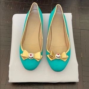Love Moschino Ballet Flat Turquoise Gold Pearl Bow